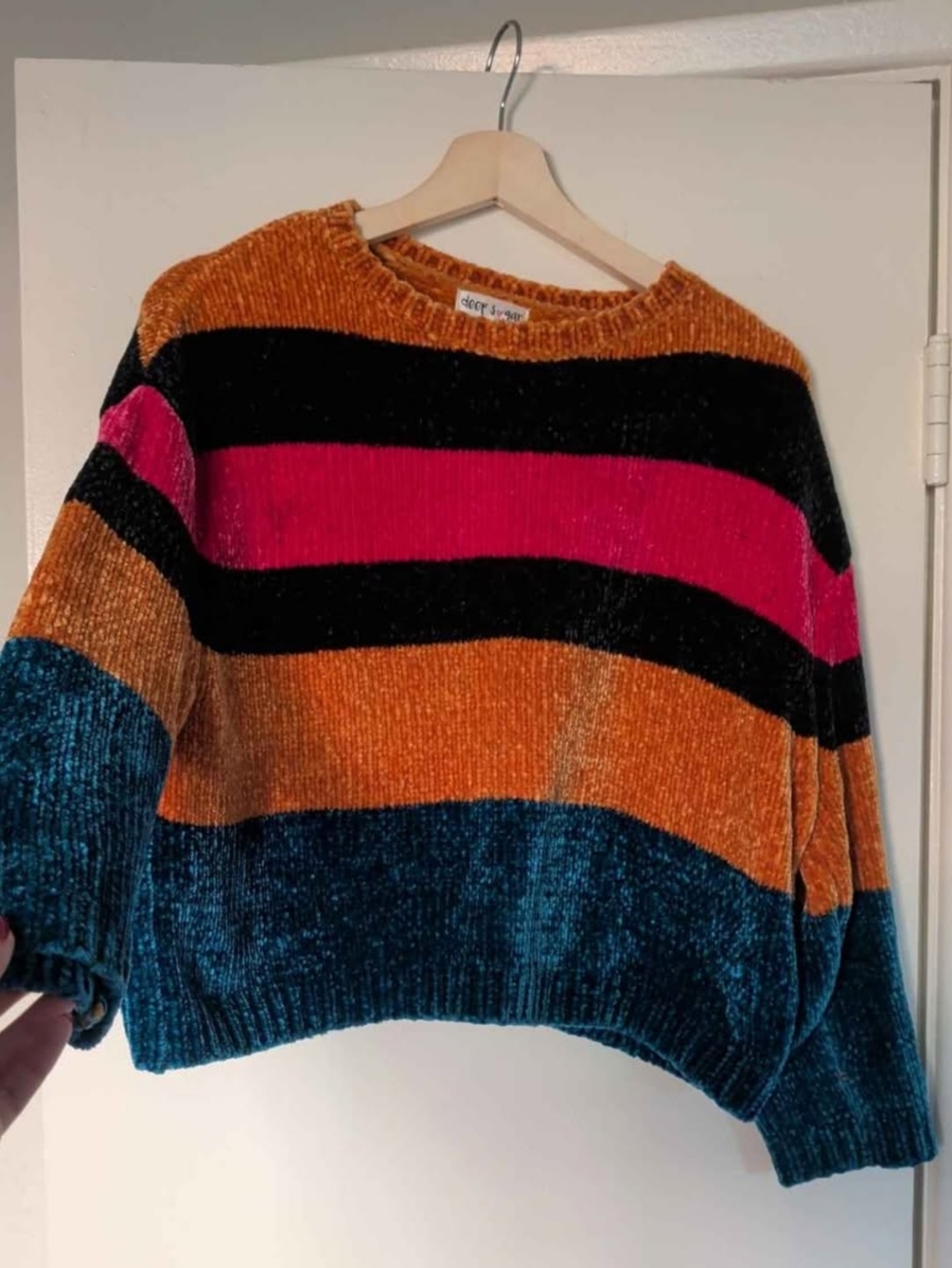 Striped Chenille Crewneck Sweater in Teal, Orange, Pink, Black